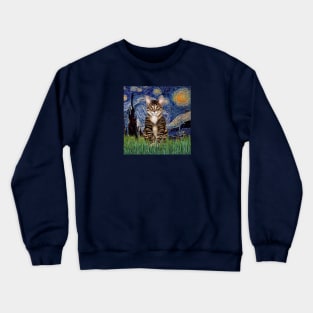 Starry Night by Vam Gogh Adapted to Include a Tabby Tiger Cat Crewneck Sweatshirt